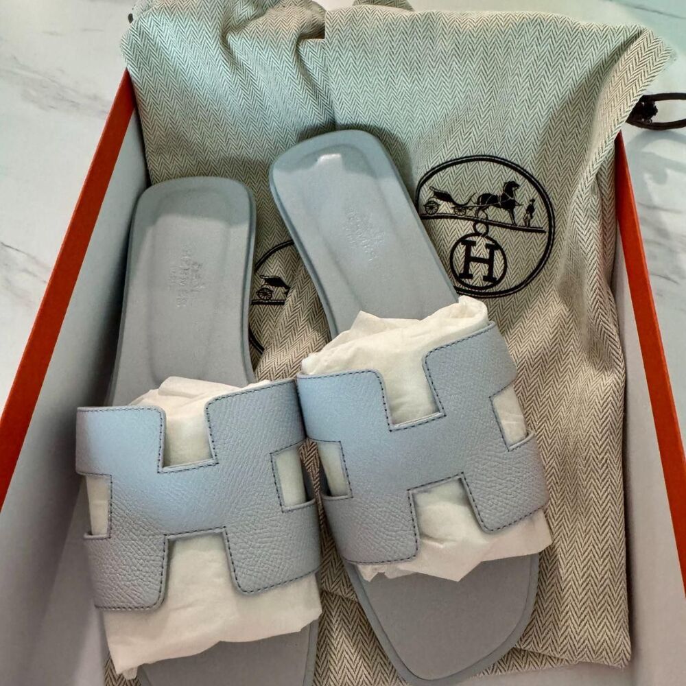HERMÈS Oran Sandals – Blue Glacier Epsom Leather – Size 37 – Brand New